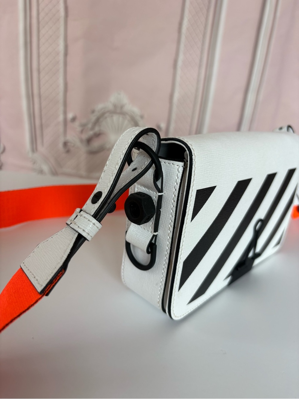 Off-White White and Black Diagonal Stripe Crossbody with Neon Orange Strap - Picture 2 of 7
